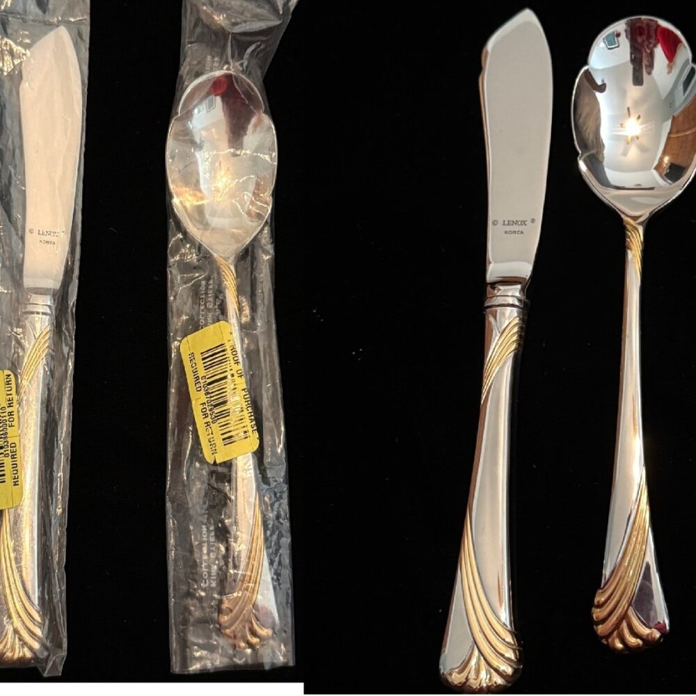 2 Lenox KELLY GOLD 18/8 Stainless Kirk Stieff Sugar Spoon Butter Knife NEW!